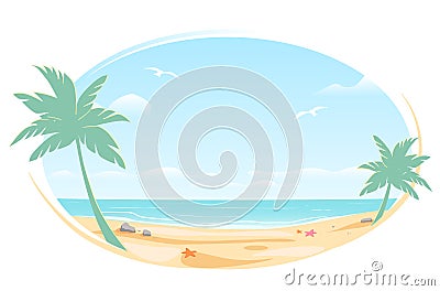 Tropic landscape Poster, oval frame for banner design. Sunny Paradise template illustration with copy space. Summer Vector Illustration
