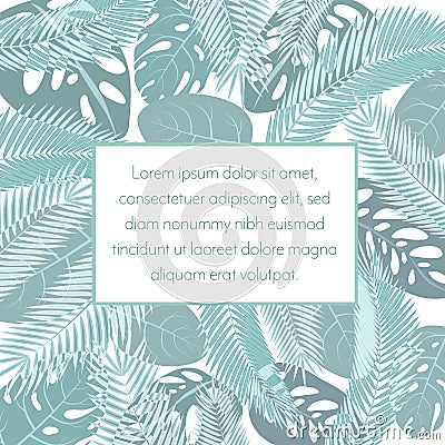 Tropic leaves background with frame for your text. Exotic banner template. Vector Illustration
