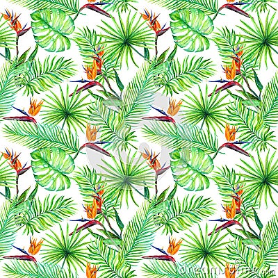 Tropic leaves, exotic bird flowers. Repeating pattern. Watercolor Stock Photo