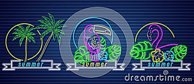 Tropic neon icons Vector set. Palm trees, parrot and flamingo detailed templates Vector Illustration