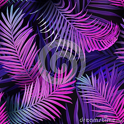 Tropic neon seamless vector background, summer tropical palm leaves vibrant pattern, hawaii floral illustration Vector Illustration