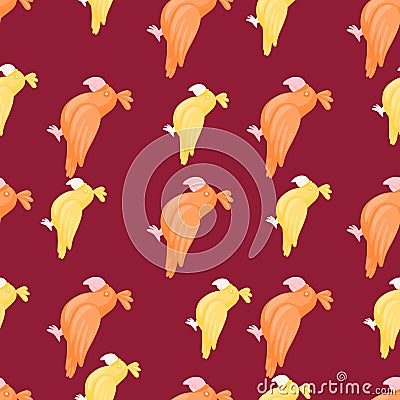 Tropic seamless pattern with orange and yellow parrots silhouttes. Maroon background. Hand drawn print Vector Illustration