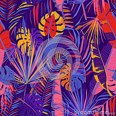 Tropic seamless pattern vector background with tropical leaves in bright color on dark backdrop. Cool floral exotic Vector Illustration