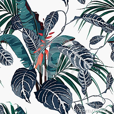 Tropic summer painting seamless pattern with exotic blue liana branch and exotic palm leaves, orange flower. Stock Photo