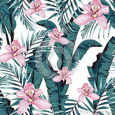 Tropic summer painting seamless pattern with palm banana leaf and plants. Stock Photo