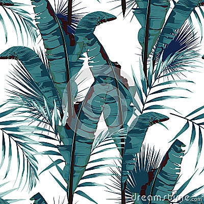 Tropic summer painting seamless vector pattern with palm banana leaf and plants. Vector Illustration