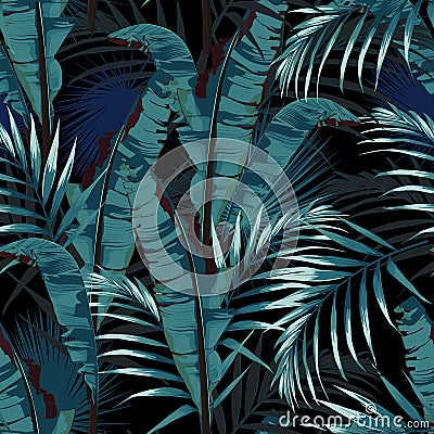 Tropic summer painting seamless vector pattern with palm banana leaf and plants. Stock Photo