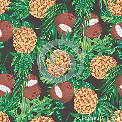 Tropic sweet fuits - pine apple and coconut with palm tree leaves. Seamless pattern with hand drawn illustrations with tropical Cartoon Illustration