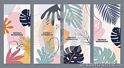 Tropical abstract wall art, background with leaves and doodle shapes Vector Illustration