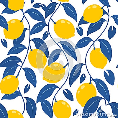 Tropical abstract seamless vector blue pattern with lemon, leaves. For printing and wallpaper. Vector Illustration