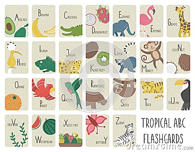 Tropical alphabet cards for children. Cute cartoon ABC set with exotic animals, birds, fruits, insects. Funny jungle flashcards Vector Illustration