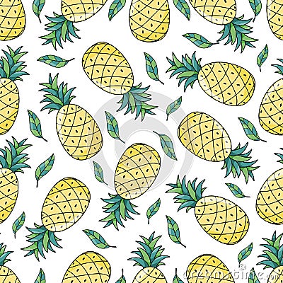 Tropical ananas pineapple fruit seamless pattern on white background Vector Illustration