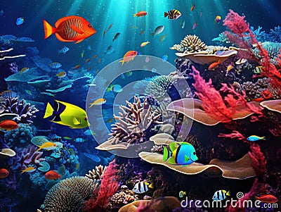 Ai Generated illustration Wildlife Concept of Tropical Anthias fish with net fire corals and shark Cartoon Illustration