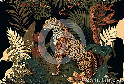 Tropical art nouveu, art deco print design with leaves and leopard. Generative ai Stock Photo