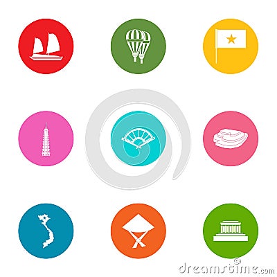 Tropical asia icons set, flat style Vector Illustration