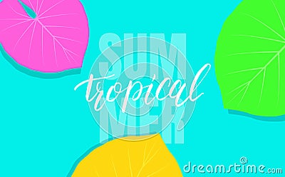 Tropical background with colorful exotic leaves for sale, promotion, discount, web. Vector Illustration