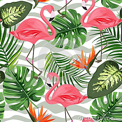 Tropical background with exotic plants and flamingo. Seamless pattern. Vector Illustration