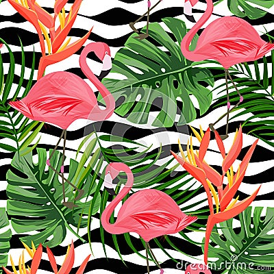 Tropical background with exotic plants and flamingo. Seamless pattern. Vector Illustration