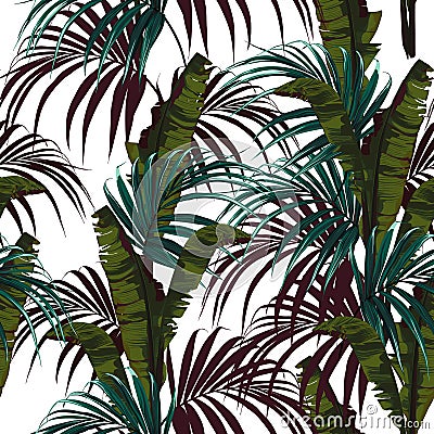 Tropical background with jungle plants. Seamless vector tropical pattern with blue palm leaves and green bananas leaves. Stock Photo