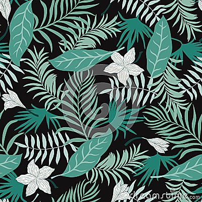 Tropical background with palm leaves and flowers. Seamless floral pattern. Summer vector illustration. Vector Illustration