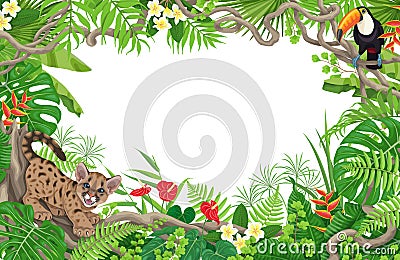 Tropical Background with Puma and Toucan Vector Illustration