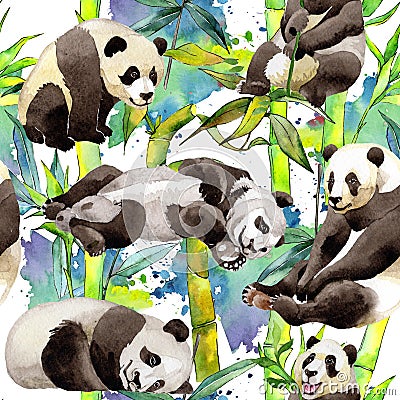 Tropical bamboo tree and panda pattern in a watercolor style. Stock Photo