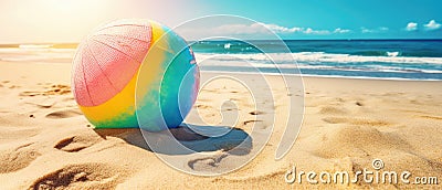 Tropical beach ball on sand, ocean summer holiday background colorful beach ball in sand Stock Photo
