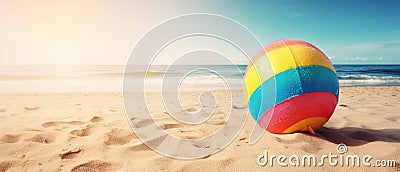 Tropical beach ball on sand, ocean summer holiday background colorful beach ball in sand Stock Photo