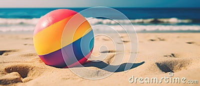 Tropical beach ball on sand, ocean summer holiday background colorful beach ball in sand Stock Photo