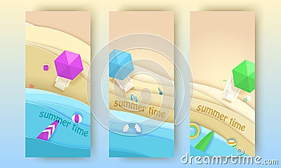 Tropical beach banners set in paper art style. Vector top view paper cut illustration. Summer holiday concept poster Vector Illustration