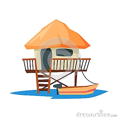 Tropical Beach Bungalow on Water, Summer Vacation Wooden Cabin with Straw Roof and Boat Vector Illustration Vector Illustration
