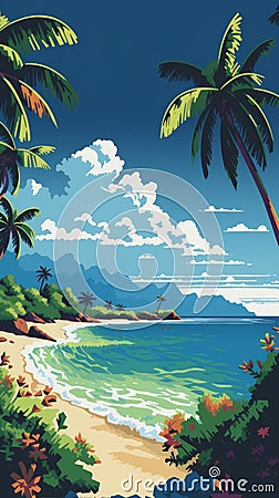 Tropical Beach With Coconut Trees (hiroshi Nagai Style Stock Photo