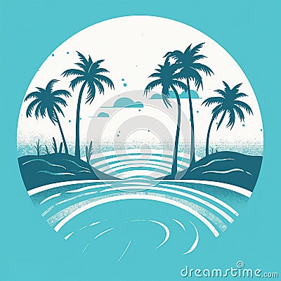 Tropical beach landscape with sea, sunset and palm trees. Abstract landscape. Tropical paradise island logo. Summer vacation Stock Photo