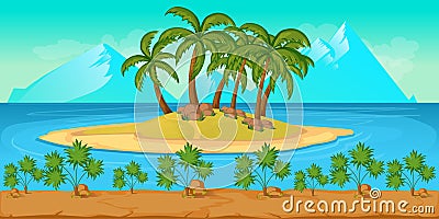 Tropical Beach Landscape For UI Game nIllustration of a cartoon summer ocean background Vector Illustration