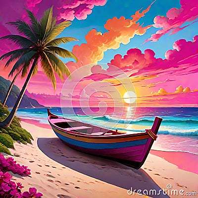 Tropical beach magenta canoe row boat sandy beach evening sunset Cartoon Illustration
