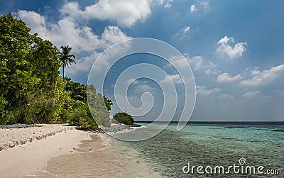 Tropical beach in Maldives.Tropical Paradise at Maldives with palms, sand and blue sky Stock Photo