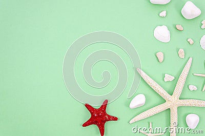 Tropical beach mockup. Top view starfishes, seashells, and rocks on the corner with copy space for text Stock Photo