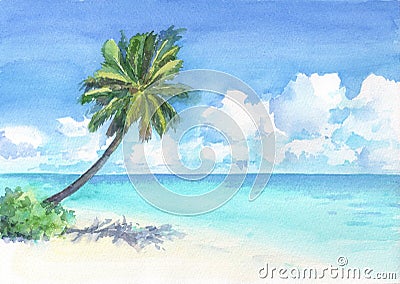 Tropical beach with palm tree. Watercolor hand drawn illustration. Cartoon Illustration