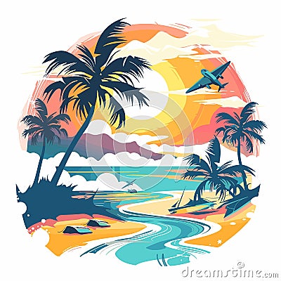 Tropical beach with palm trees, sun and airplane. Vector illustration Vector Illustration
