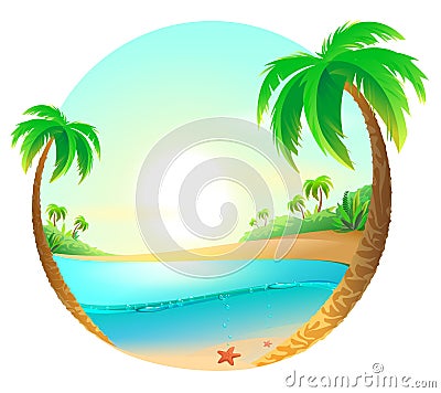 Tropical beach among palm trees Vector Illustration