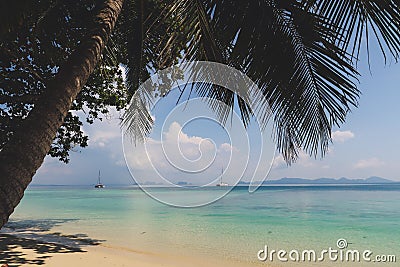 Tropical Beach with Palmtree. White sand and turquoise water in an Island in Thailand. Stock Photo