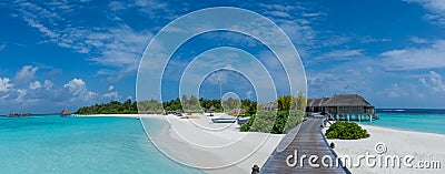 Tropical beach panorama view of the resort at Maldives Stock Photo