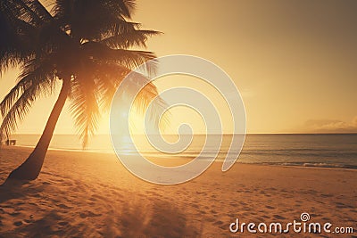 Tropical beach paradise with a coconut palms tree in a white sand at sunset. Vintage photography background. Generative AI Stock Photo