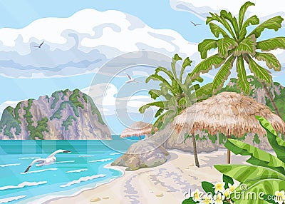 Tropical Beach with Parasol and Palm Trees Vector Illustration