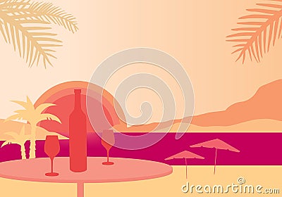 Tropical beach with parasols, sea with sunset, table with bottle Vector Illustration