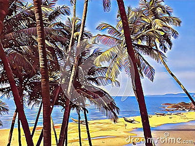 Tropical beach and sea view through palm trees and leaves. Stock Photo