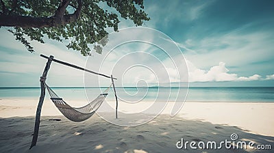 Tropical beach and sky background as exotic summer landscape with beach swing or hammock and white sand and calm sea beach. AI Stock Photo