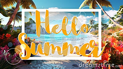 Hello Summer lettering on a tropical beach background with palms and flowers Stock Photo