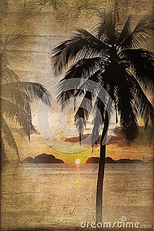 Tropical beach sunset with palm trees, vintage process Stock Photo