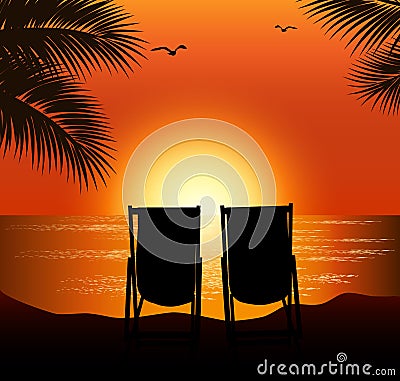 Tropical beach at sunset Vector Illustration